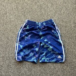 adidas Kids Blue Athletic Shorts with Teal & Purple Print